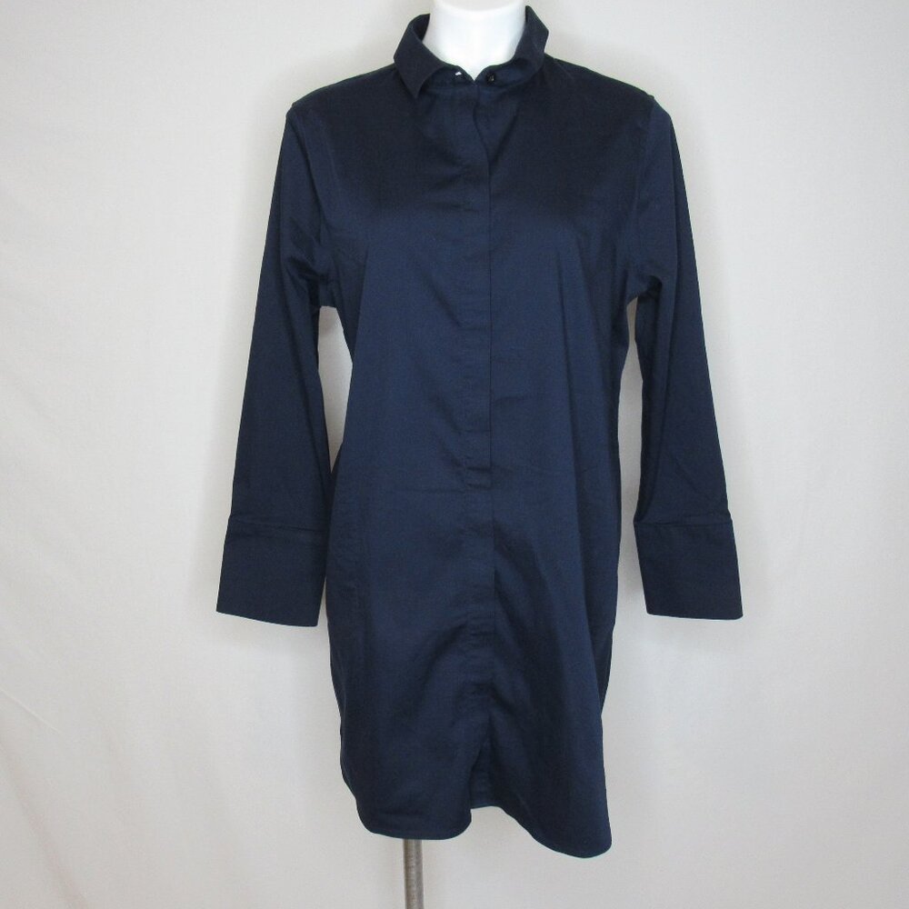 Chico's Blue No Iron Chic Stretch Hidden Button Shirt Dress Women's 2 = 12 L